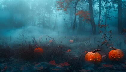 misty forest at dusk with faint glowing pumpkins