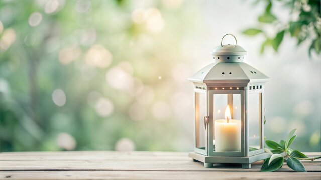 Charming lantern with burning candle surrounded by greenery and softly blurred background