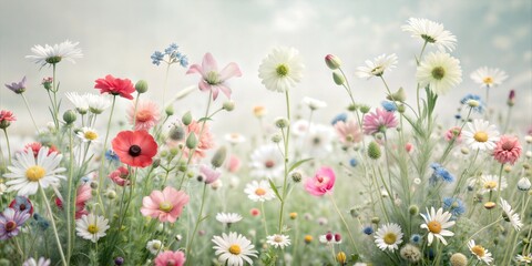 Obraz premium Vibrant wildflower field filled with colorful blooms under soft sunlight