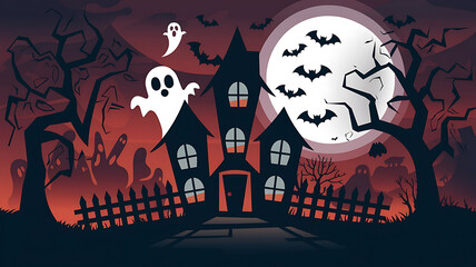 Spooky Halloween illustration with white ghosts and a haunted house against a red and black background. 
