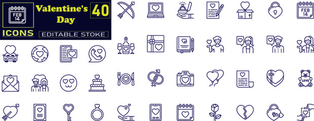 Valentines Day simple black line icons vector set  .
