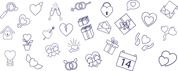 Valentines day doodles set. Love theme simple doodle illustration for design.