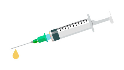 Fototapeta premium Medical syringe with a drop of liquid on a white background