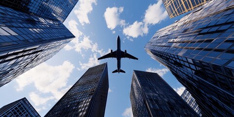 Airplane flying over modern skyscrapers against a blue sky background, bottom view. 