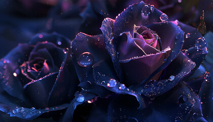 dark roses with flickers of light reflecting on dewdrops