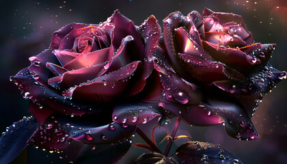 dark roses with flickers of light reflecting on dewdrops