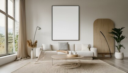 Stylish living room interior with mock up poster frame, 3d render