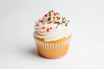 Vanilla cupcake with white frosting and red, green, and white sprinkles in a paper wrapper against a plain white background