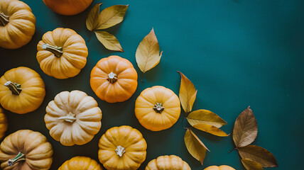 Obraz premium Orange pumpkins and yellow leaves on a teal background, autumn harvest celebration. 