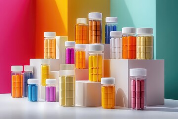 Colorful Pill Bottles Arranged on Geometric Shapes Against Vibrant Backgrounds