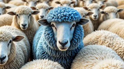 Un mouton bleu dans un troupeau de mouton blanc, concept être différent, penser différemment, sortir du lot, être original