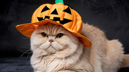 Cute Fluffy Cat in Orange Pumpkin Hat for Halloween Celebrations 
