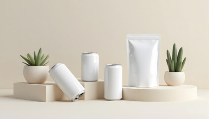 Minimalist Product Display with Cans and Pouches isolated on white background