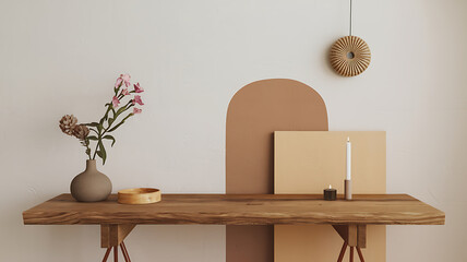 Minimalist home decor brown beige wooden table flowers calm serenity autumn ambiance.
