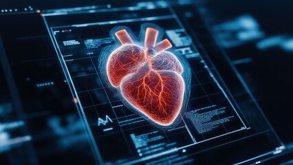 3D heart X-ray on virtual futuristic digital screen, healthcare medical technology and innovations to diagnose and treatment cardiovascular system disease.