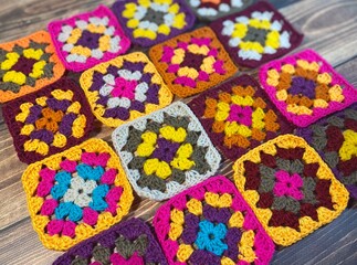 Multicolor crochet granny squares handmade decor motives set collection handiwork hobby cozy photo 