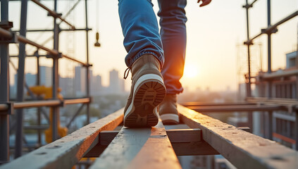 construction worker's feet walking on steel beams at a construction site, highlighting safety boots