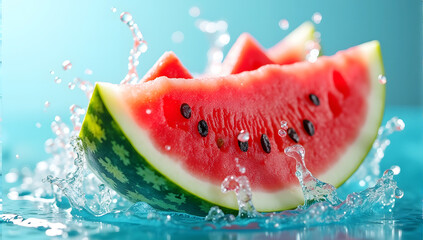 Fresh super red watermelon slices with splashing water on a blue background