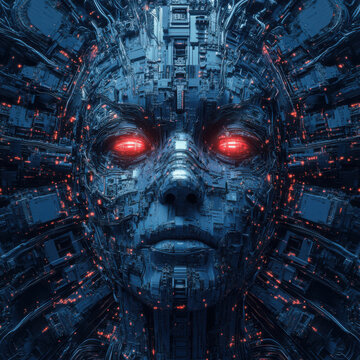 Digital goddess reloaded / 3D illustration of robotic science fiction female artificial intelligence growing from computer core
