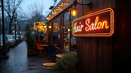 A cozy hair salon illuminated by a warm neon sign on a quiet, rainy evening, creating a welcoming atmosphere along a dimly lit urban street