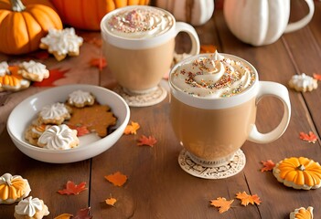 Glass Mugs with Warm Latte with Whipped Cream and Sprinkles and Frosted Sugar Cookies