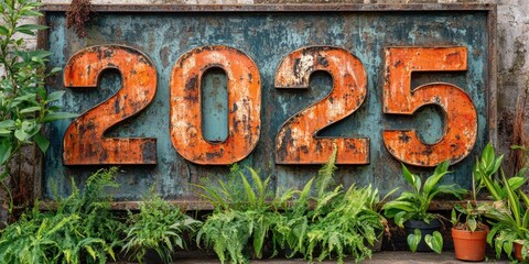 A large weathered metal sign displaying the year 2025 in bold orange letters, surrounded by lush green plants in a rustic outdoor setting