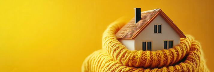 Home in a knitted scarf on a yellow background, Concept of the heating system in a winterized house. keeping warm in the house