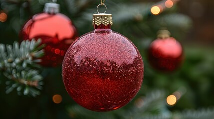 A beautifully decorated Christmas tree adorned with red glittering baubles, bringing festive cheer and sparkle to the holiday season
