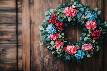 Floral Wreath on Wooden Background
