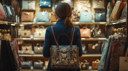 Obraz premium A woman admires various stylish handbags in a boutique.