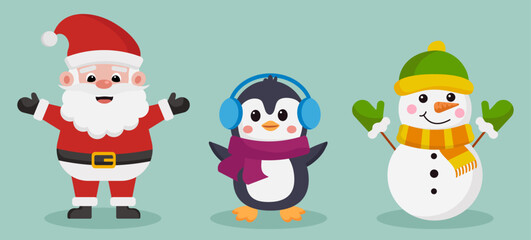 Vector Christmas characters set: Santa Claus, Penguin and Snowman. Merry Christmas concept