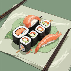 Sushi Presented With Fresh Salmon Fish and Spicy Sauce On A Plate Flat Vector Illustration