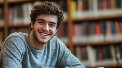 Photograph of an attractive man in his mid-30s, smiling and sitting at a table with books on it while studying intently for a medical school entrance exam
