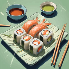 Sushi Presented With Fresh Salmon Fish and Spicy Sauce On A Plate Flat Vector Illustration