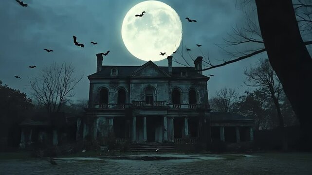 An old, creepy house in a dark forest, silhouetted against a full moon.