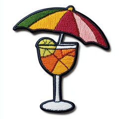 Tropical cocktail umbrella embroidered patch badge on isolated white background, vector badge and patch collection for print or embroidery