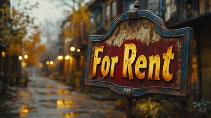 Obraz premium An intricately designed For Rent sign stands prominently on a rainy cobblestone street lined with charming buildings in the background