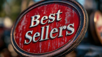 A close-up image of a rustic, oval wooden sign with weathered red paint and bold white lettering that reads Best Sellers, suggesting popular or top-selling items