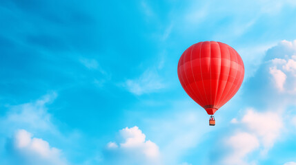 Fototapeta premium Bright red hot air balloon soaring through the clear blue sky on a sunny day