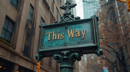 A vintage green directional sign with the words This Way in gold lettering stands prominently on a city street surrounded by urban buildings