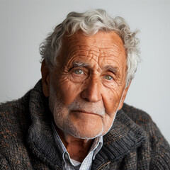 Portrait of an elderly man with gray hair and glasses on a gray background. Square format.