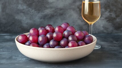 Grapes placed in a white bowl, with a glass of sparkling wine nearby