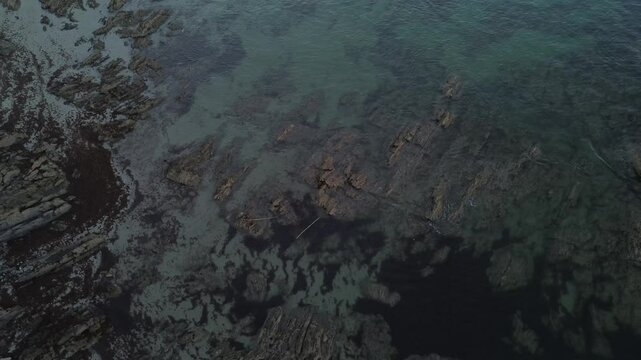 Camera slowly descends over the shore of Area Fofa beach, revealing crystal-clear turquoise waters, wet sand, jagged rocks, and dark seaweed scattered across the shoreline. Serene coastline scene.