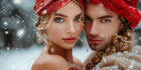 Obraz premium A captivating winter portrait of a couple adorned in stylish red hats and elegant attire, surrounded by falling snow, highlighting the beauty of winter fashion