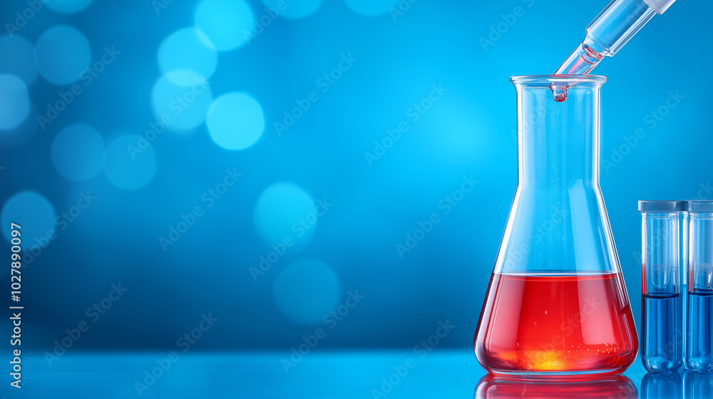 Poster brightly colored liquid fills a flask while a pipette transfers solution in a laboratory setting