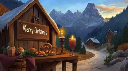 Fototapeta premium Charming Christmas scene with cozy cabin, festive decorations, and mountain backdrop, perfect for holiday-themed projects.