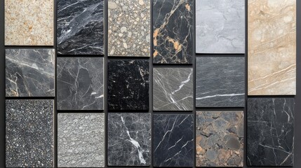 A close-up shot of a wall display of various marble tiles in different colors and patterns.