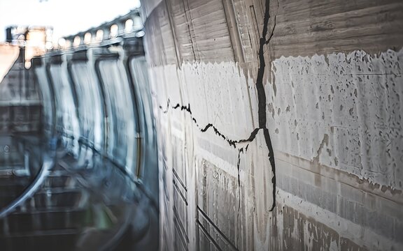 Large crack on dam wall. Renewable energy infrastructure damage