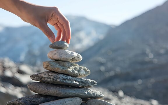 Hand stack rock pile in nature. Balance and mindfulness