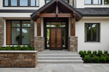 Fototapeta premium Modern Georgian-style home featuring stone steps, a wooden door, and a gabled porch with elegant columns.